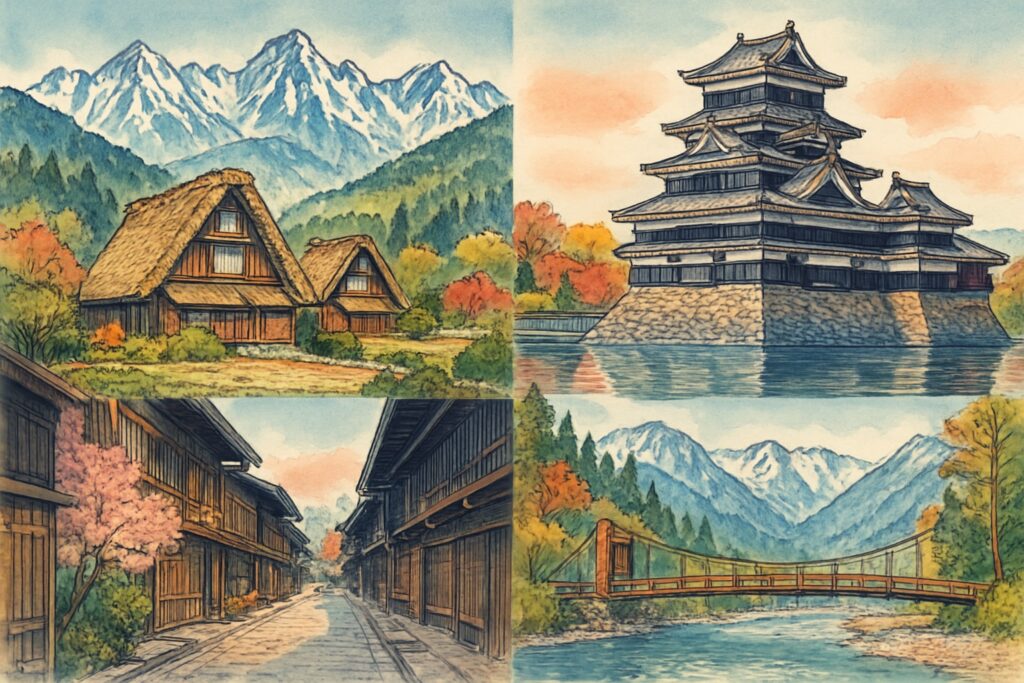 Illustration der Region Chubu und der Japanischen Alpen mit den schneebedeckten Bergen, den Gassho-Bauernhäusern von Shirakawa-go, der schwarzen Matsumoto-Burg, der Altstadt von Takayama und dem Kamikochi-Tal, Japan
