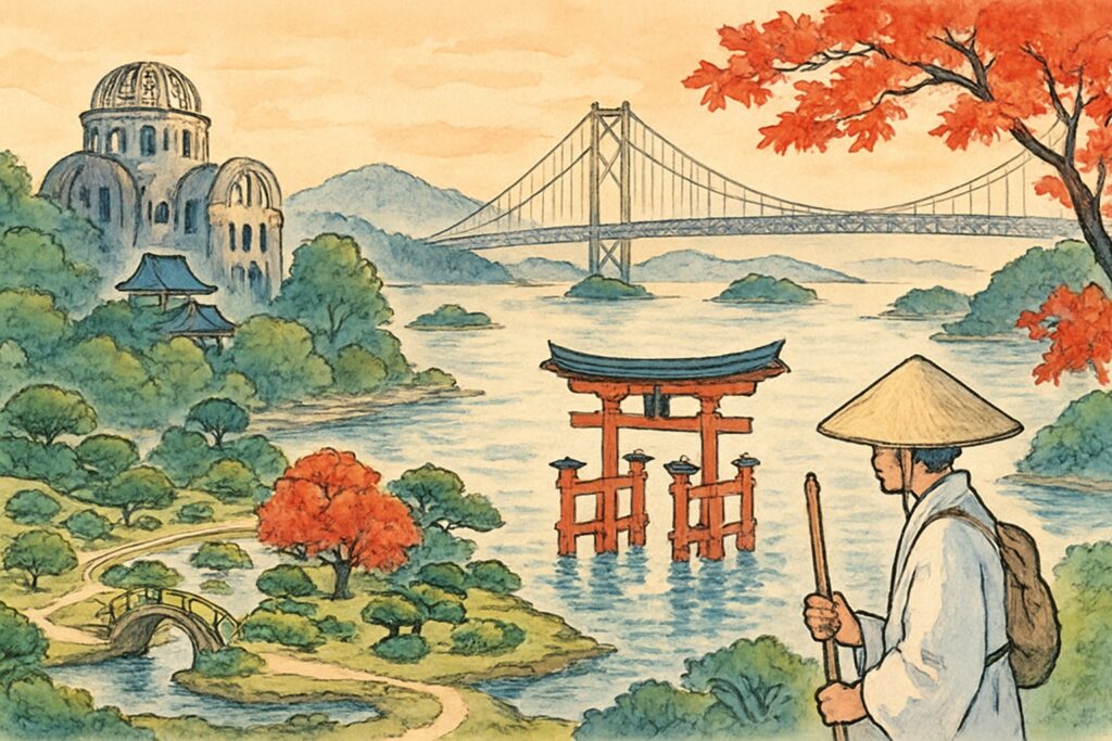 Illustration der Regionen Chugoku und Shikoku mit dem schwimmenden roten Torii von Miyajima, der Friedenskuppel von Hiroshima, der inselreichen Seto-Inlandsee mit Brücke und einem weiß gekleideten Pilger auf Shikoku, Japan