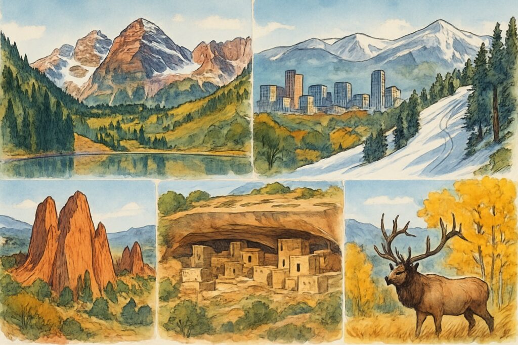 Illustration des US-Bundesstaats Colorado mit den schneebedeckten Gipfeln der Rocky Mountains, den in einem Bergsee gespiegelten Maroon Bells bei Aspen, der Skyline von Denver am Fuß der Berge, einer Skipiste, den roten Sandsteintürmen des Garden of the Gods, den alten Felswohnungen von Mesa Verde, einem Wapiti und goldenen Espen im Herbst, USA