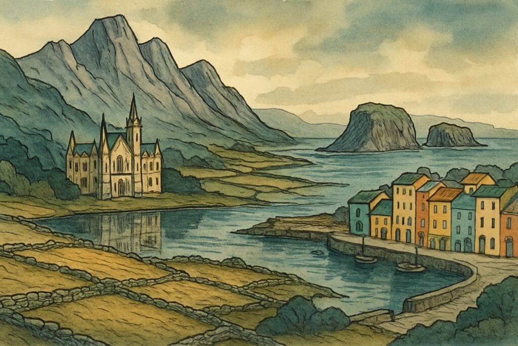 Illustration von Connemara mit Kylemore Abbey am See, den Twelve Bens und Galway sowie den Aran-Inseln