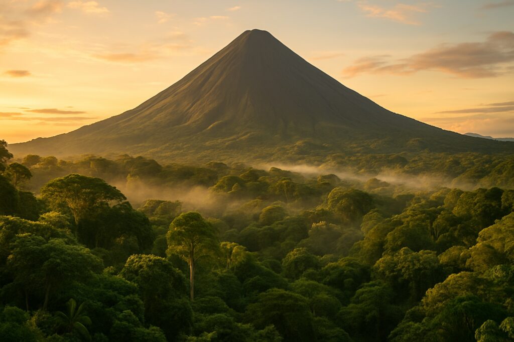 Der kegelförmige Vulkan Arenal erhebt sich bei Sonnenaufgang über dem üppig grünen tropischen Regenwald von Costa Rica, Nebel über dem Blätterdach