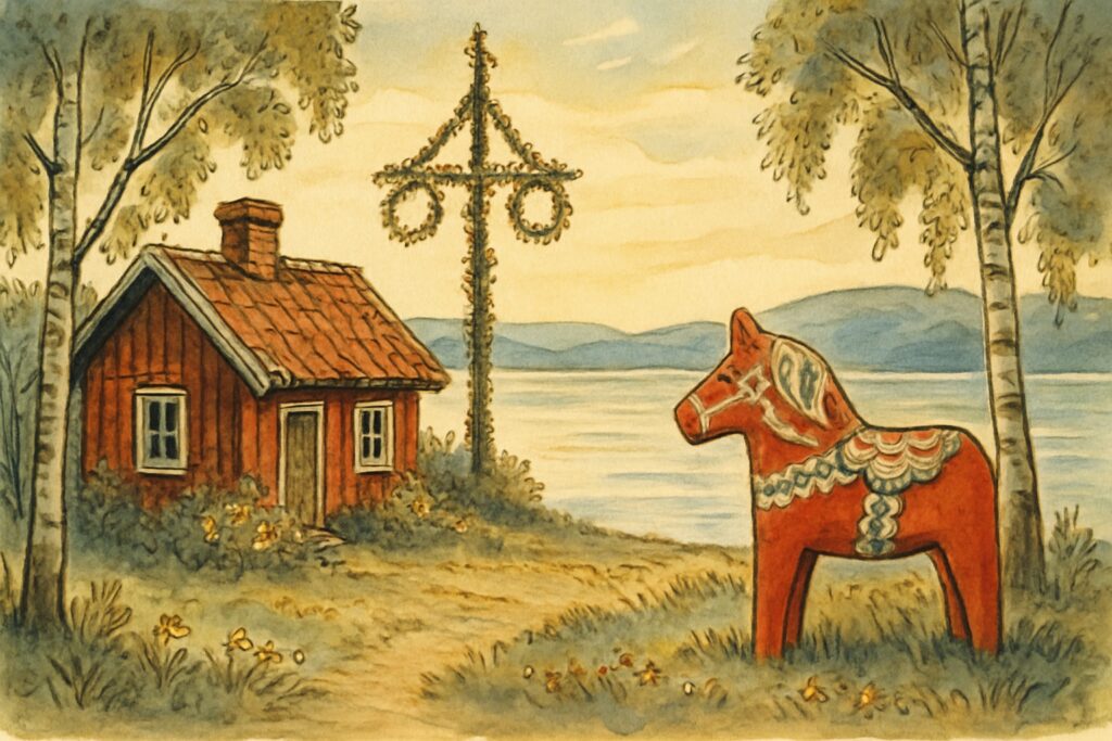 Illustration von Dalarna am Siljansee mit einer falunrot gestrichenen Hütte, einem geschmückten Midsommar-Maibaum, einem großen roten Dalapferd und Birken im Sommerlicht