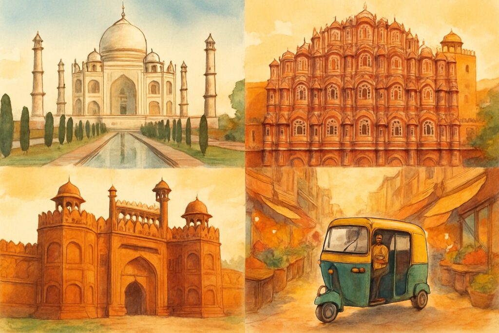 Illustration des Goldenen Dreiecks in Nordindien mit dem weißen Taj Mahal in Agra, dem rosafarbenen Hawa Mahal in Jaipur, dem roten Sandsteinfort von Delhi und einer bunten Auto-Rikscha in einer Basargasse, Indien