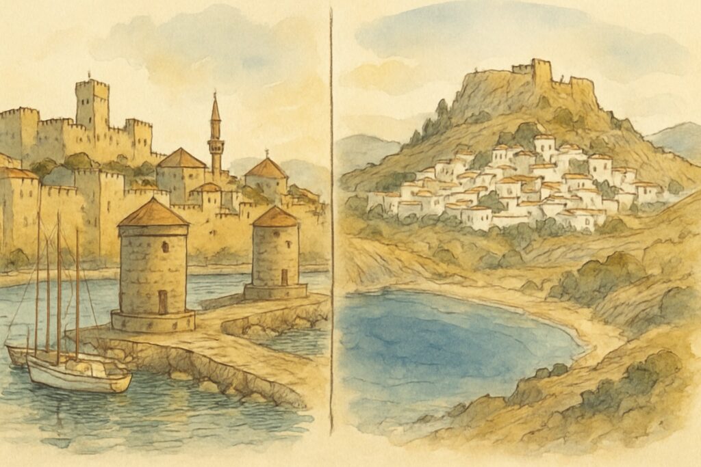 Illustration des Dodekanes mit der mittelalterlichen Altstadt von Rhodos, der Akropolis von Lindos und dem bunten Hafen von Symi in der Ägäis