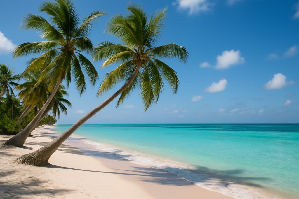 Ein von Kokospalmen gesäumter weißer Sandstrand in Punta Cana in der Dominikanischen Republik mit türkisfarbenem Karibikwasser