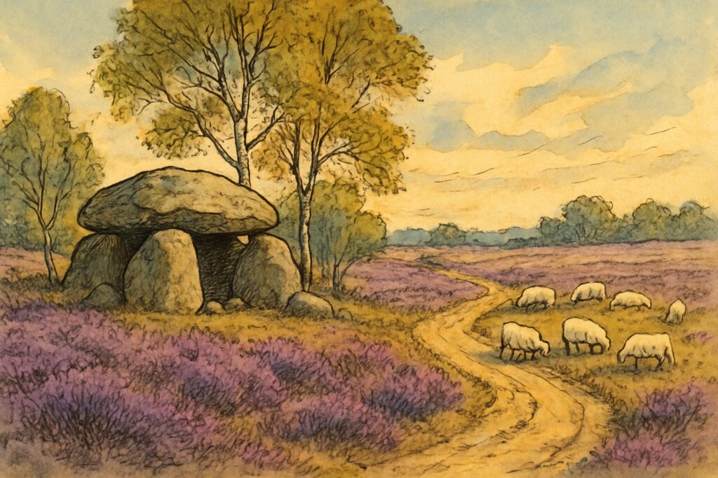 Illustration einer violett blühenden Heide in Drenthe mit einem Hünengrab und Radweg