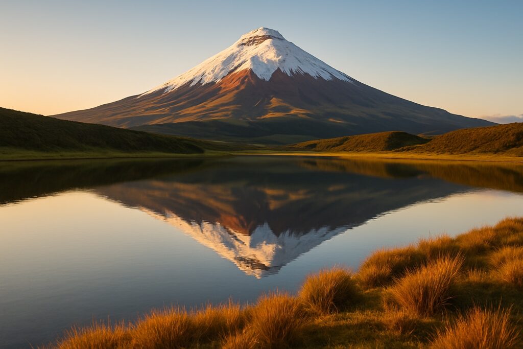 Der kegelförmige, schneebedeckte Vulkan Cotopaxi spiegelt sich bei Sonnenaufgang in einer ruhigen Lagune im grünen Andenhochland Ecuadors