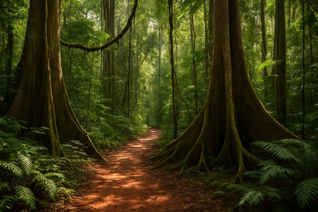 Tropischer Regenwald im Okomu-Nationalpark in Edo, Südnigeria, mit hohen Bäumen und einem roten Waldpfad