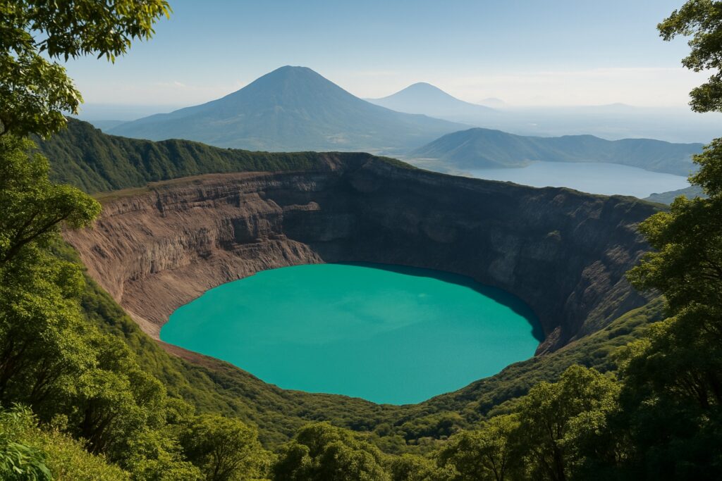 Der türkisfarbene Kratersee des Vulkans Santa Ana in El Salvador, vom grün bewaldeten Rand aus gesehen, weitere Vulkane und der Coatepeque-See im Dunst