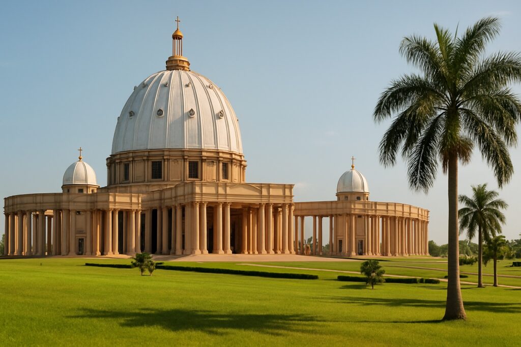 Die Basilika Notre-Dame-de-la-Paix in Yamoussoukro in der Elfenbeinküste, eine gewaltige weiße Kuppelbasilika mit Kolonnaden inmitten grüner Rasenflächen und Palmen