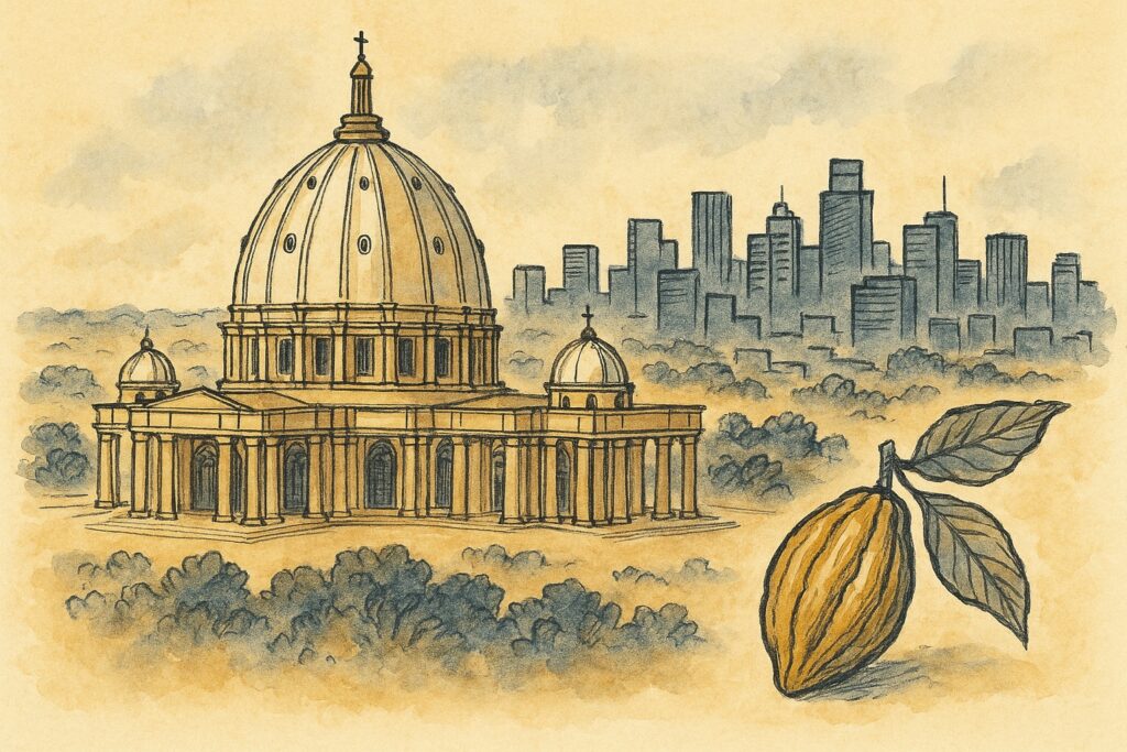 Handgezeichnete Illustration der Basilika von Yamoussoukro mit der Skyline von Abidjan und einer Kakaofrucht