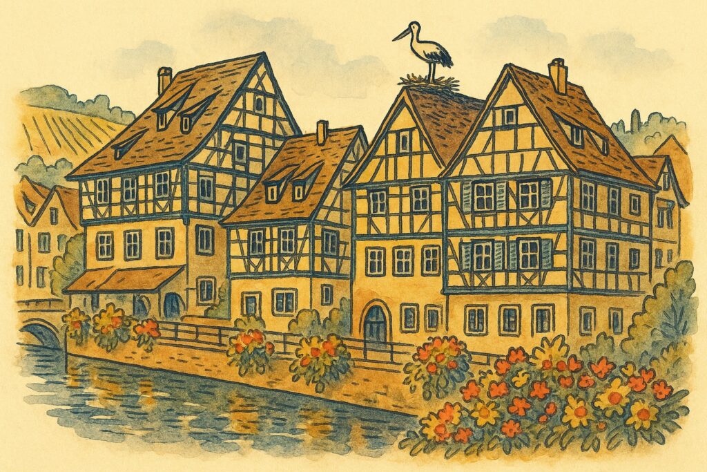 Handgezeichnete Illustration der Fachwerkhäuser und Kanäle von Colmar im Elsass