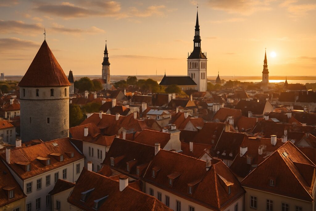 Die mittelalterliche Altstadt von Tallinn, Estland, vom Domberg aus bei Sonnenuntergang, ein Meer aus roten Ziegeldächern, Kirchtürmen und runden Wehrtürmen