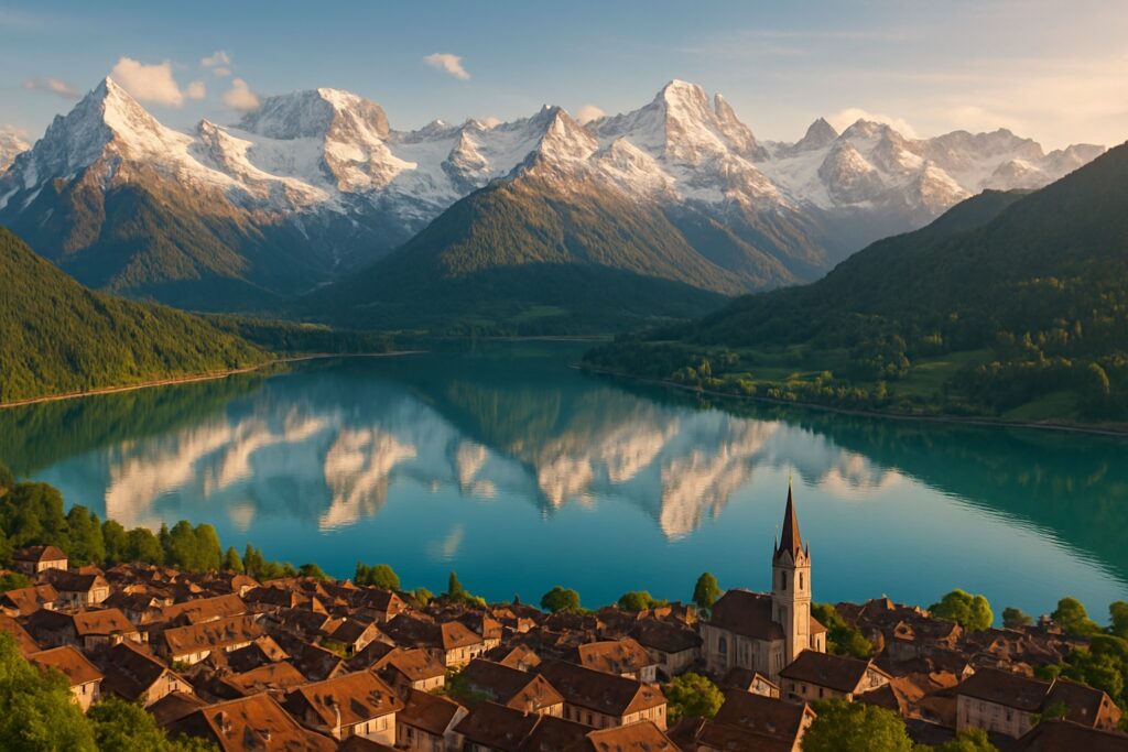 Alpenpanorama mit Bergsee und Altstadt – Europa