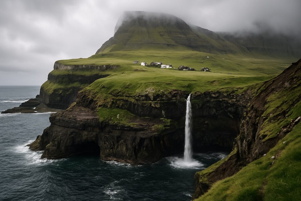 Wasserfall Múlafossur bei Gásadalur auf den Färöern, der über eine grüne Klippe ins Meer stürzt