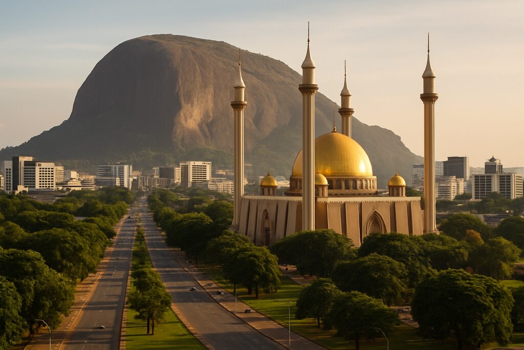 Der Granitmonolith Aso Rock erhebt sich hinter der Nationalmoschee mit goldener Kuppel in Abuja, Nigeria