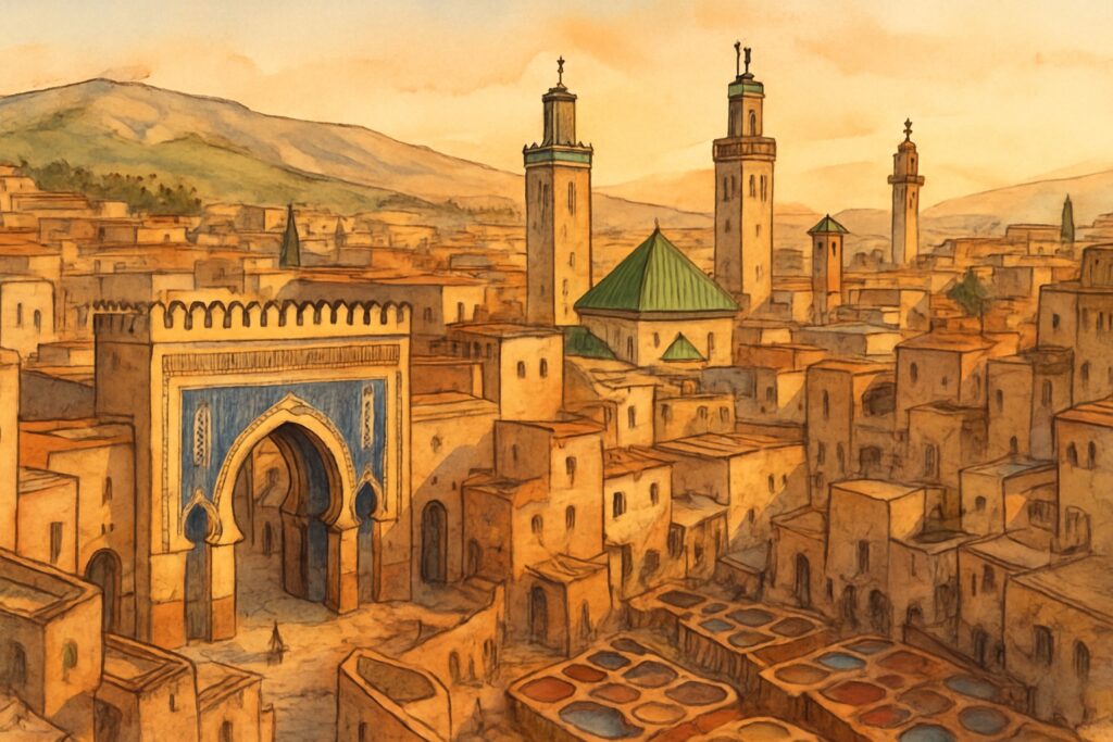 Illustration von Fès mit dem blau gekachelten Tor Bab Bou Jeloud, den Gerbereien und den Zedernhügeln des Mittleren Atlas