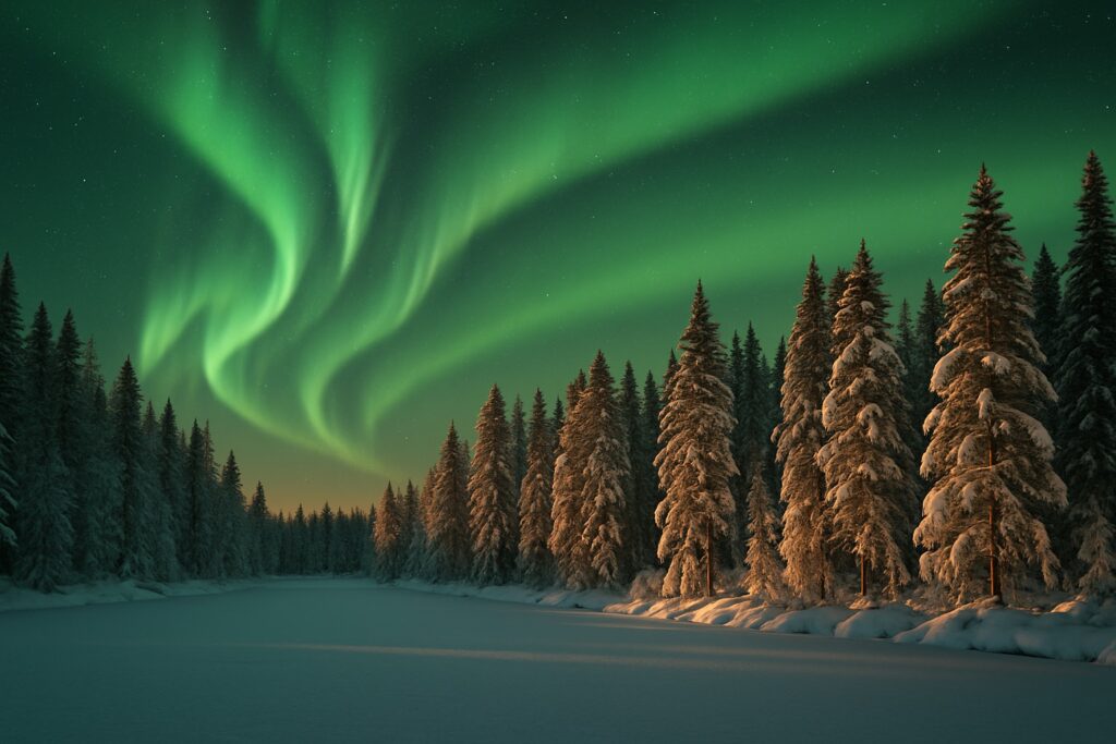 Nordlicht über verschneitem Wald in Lappland, Finnland