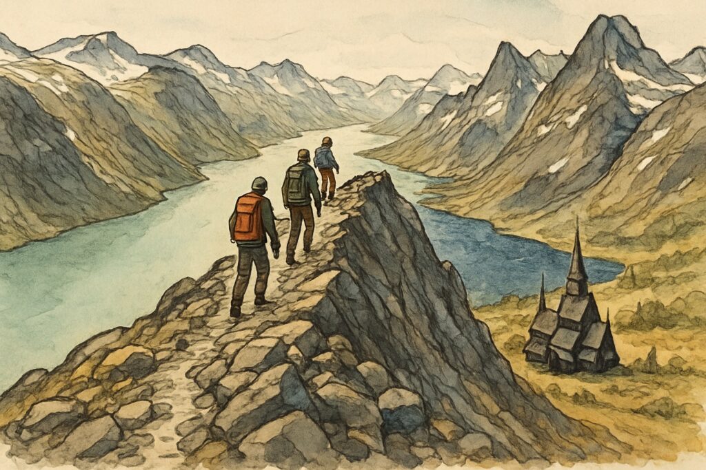 Illustration des norwegischen Hochgebirges mit schroffen Gipfeln, einer Stabkirche, einer Wanderhütte und einer weiten Hochebene