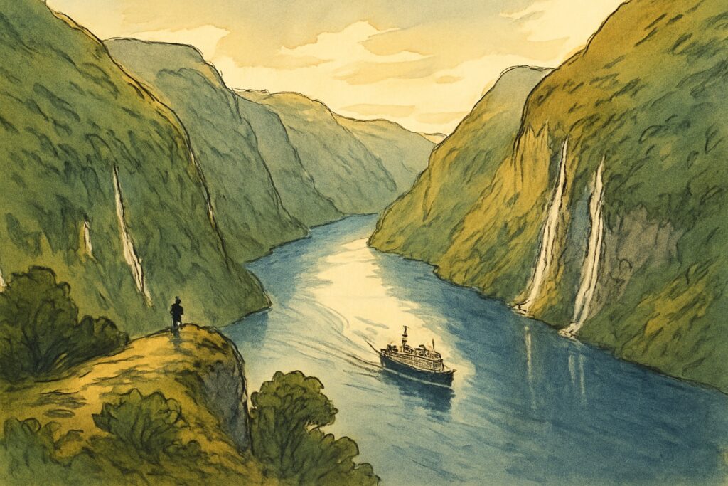 Illustration von Fjordnorwegen mit dem Hanseviertel Bryggen in Bergen, einem tiefen Fjord zwischen steilen Bergwänden und einem Wasserfall
