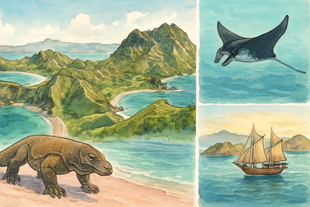 Illustration von Flores und Komodo mit einem großen Komodowaran an einem rosafarbenen Sandstrand, dem geschwungenen Aussichtspunkt der Insel Padar mit drei türkisen Buchten, einem gleitenden Mantarochen unter Wasser, einem hölzernen Pinisi-Segelschiff vor Labuan Bajo und den drei verschiedenfarbigen Kraterseen des Vulkans Kelimutu, Indonesien