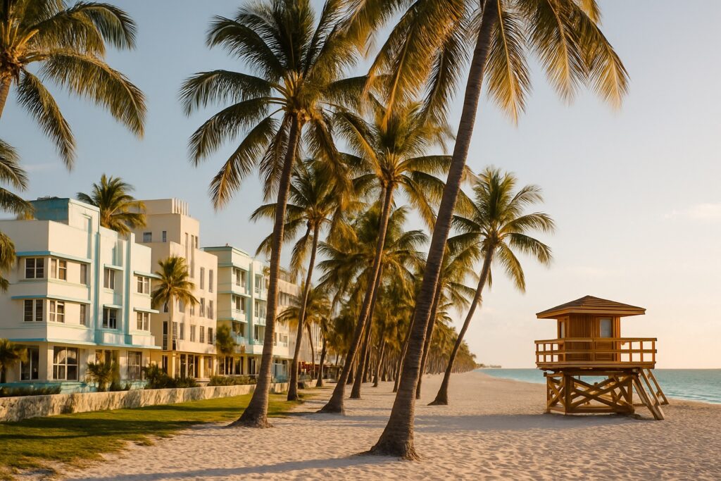 Pastellfarbene Art-déco-Hotels und Palmen am Ocean Drive von Miami Beach mit türkisem Atlantik im Abendlicht