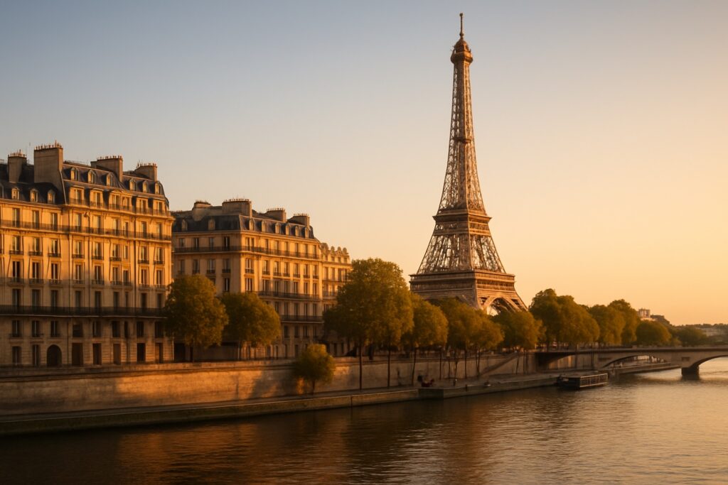 Eiffelturm in Paris an der Seine im Abendlicht – Frankreich