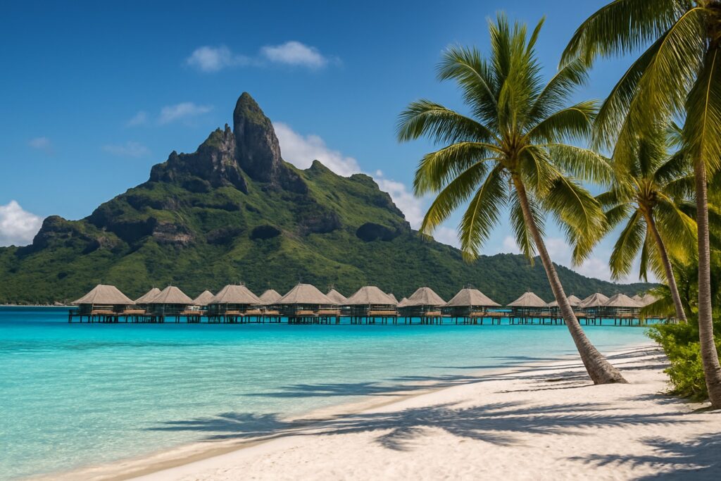 Bora Bora in Französisch-Polynesien mit dem Berg Otemanu, türkiser Lagune und Überwasserbungalows