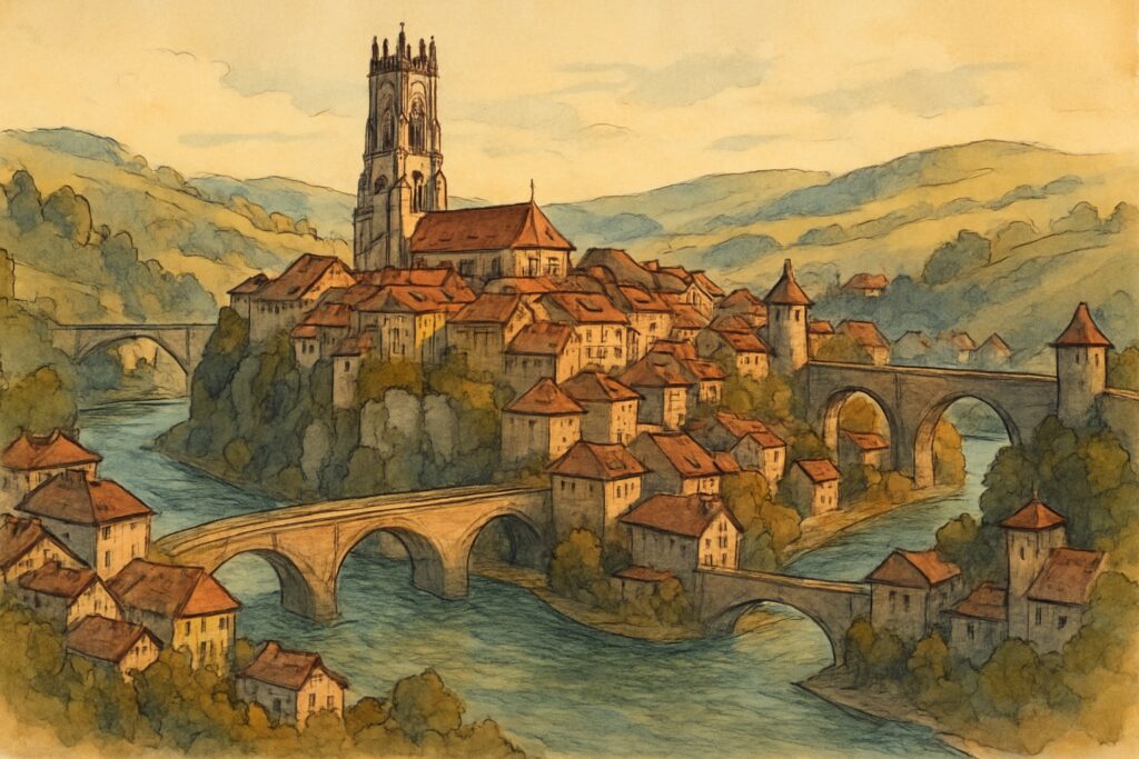 Illustration der mittelalterlichen Altstadt von Freiburg über der Saane