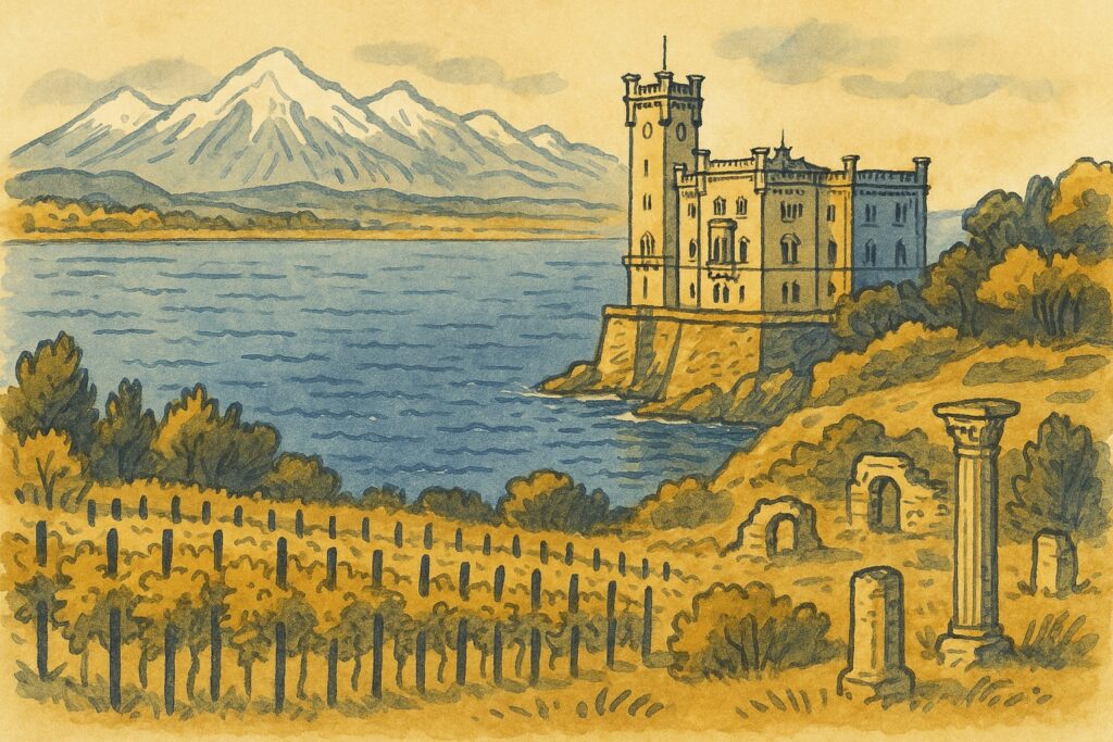 Illustration des Schlosses Miramare bei Triest an der Adriaküste Friaul-Julisch-Venetiens