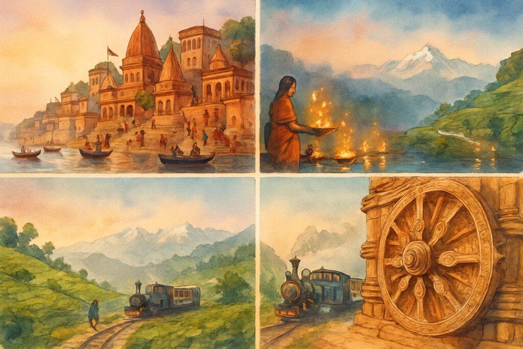 Illustration von Ostindien mit den heiligen Ghats von Varanasi am Ganges, den Teegärten von Darjeeling mit einer kleinen Dampfbahn und dem Sonnentempel von Konark, Indien