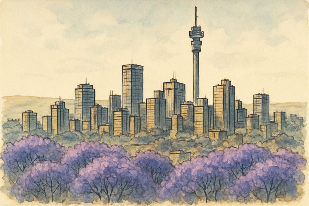 Illustration der Skyline von Johannesburg über dem Highveld mit blühenden Jacaranda-Bäumen, Gauteng