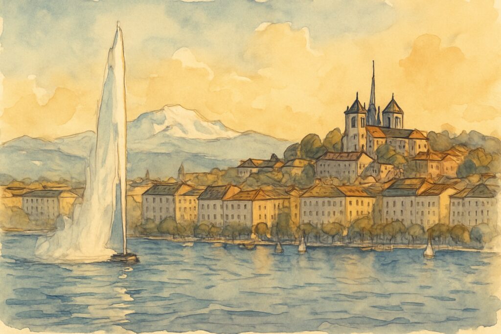 Illustration von Genf am Genfersee mit dem Springbrunnen Jet d’Eau und der Kathedrale