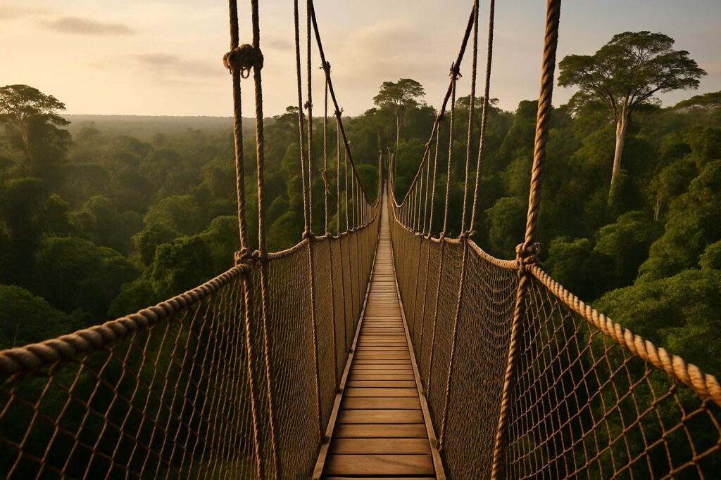 Der Baumkronen-Hängesteg (Canopy Walkway) im Kakum-Nationalpark in Ghana, eine Seilbrücke hoch über dichtem grünem Regenwald bis zum Horizont