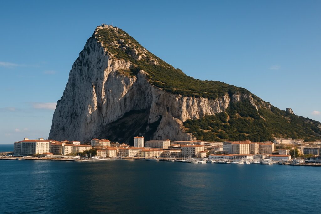 Der Felsen von Gibraltar, der steil über der Stadt und dem Hafen aufragt, mit der blauen Bucht und dem Mittelmeer unter klarem Himmel