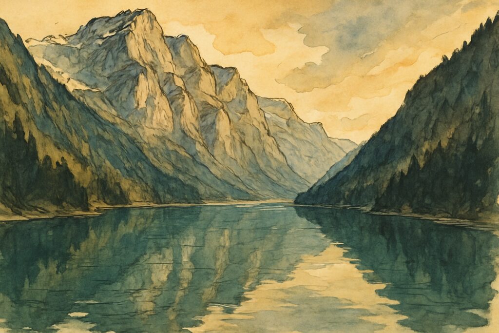 Illustration des Klöntalersees im Kanton Glarus vor dem Glärnisch-Massiv