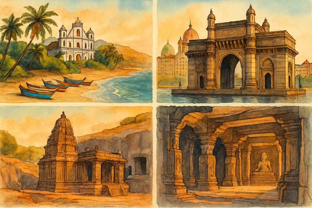 Illustration von Westindien mit palmengesäumten Stränden Goas und einer portugiesischen Kirche, dem Gateway of India in Mumbai und den Felsentempeln von Ellora, Indien