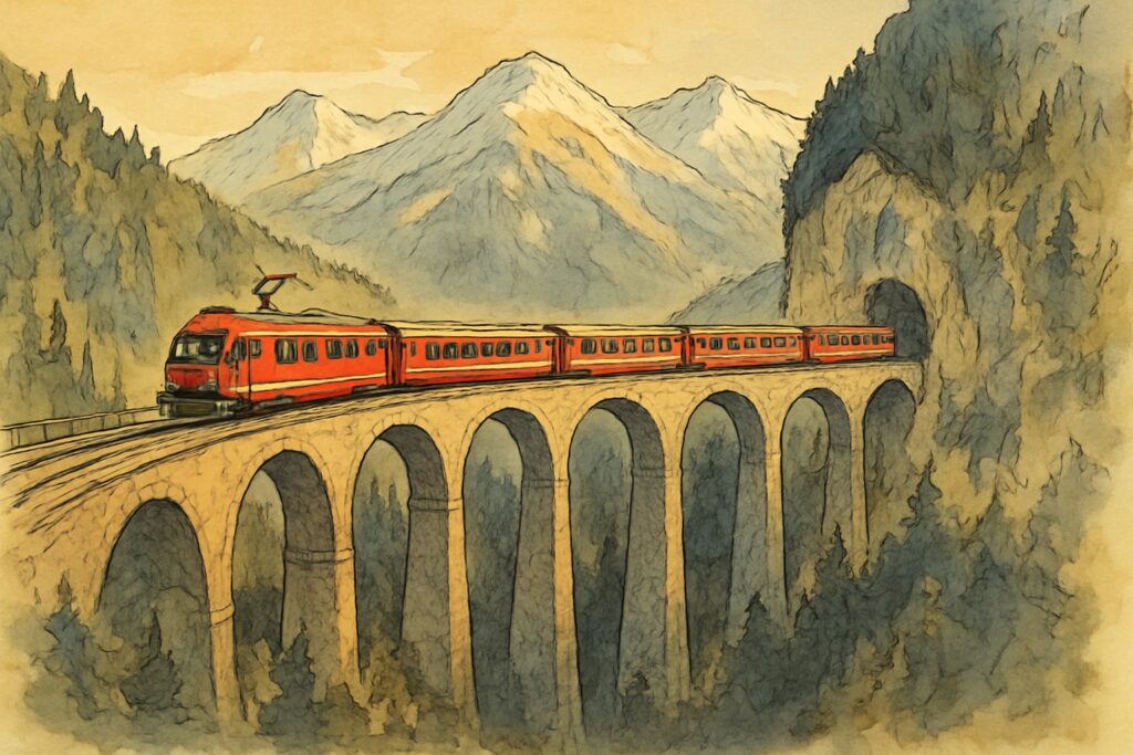 Illustration von Graubünden mit dem roten Glacier Express auf dem Landwasserviadukt vor schneebedeckten Alpengipfeln