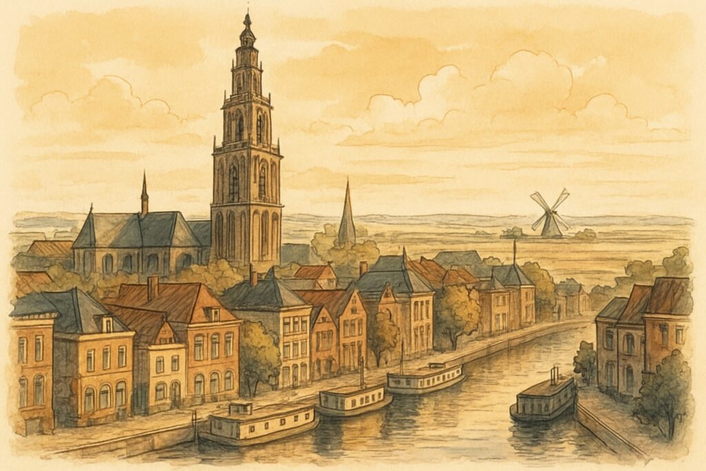 Illustration der Stadt Groningen mit dem Martiniturm über der Altstadt und einem Kanal