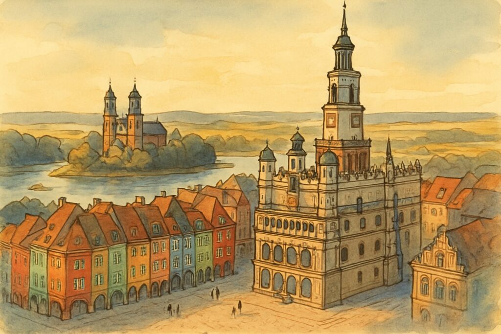 Illustration des Renaissance-Marktplatzes von Posen mit dem Rathaus und der Dominsel von Gnesen