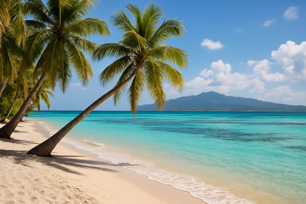 Karibikstrand auf Guadeloupe mit weißem Sand, Kokospalmen und türkiser Lagune