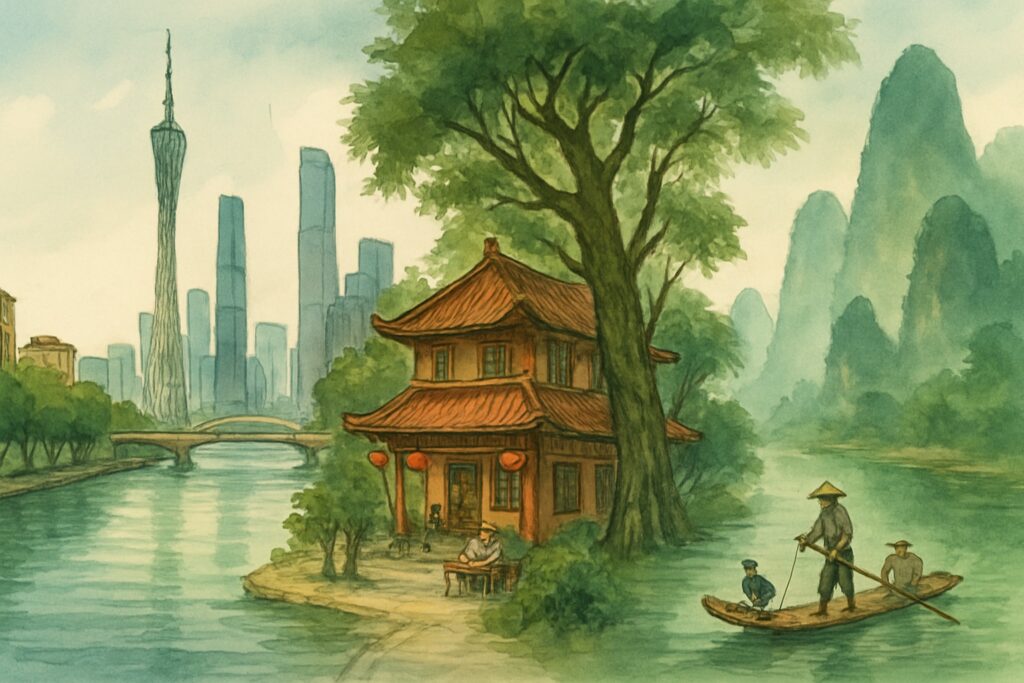 Illustration von Guangdong und Südchina mit der Skyline von Guangzhou und Shenzhen am Perlfluss, subtropischen Straßen mit Teehäusern und den Karstbergen von Guilin und Yangshuo am Li-Fluss mit Fischerbooten, China