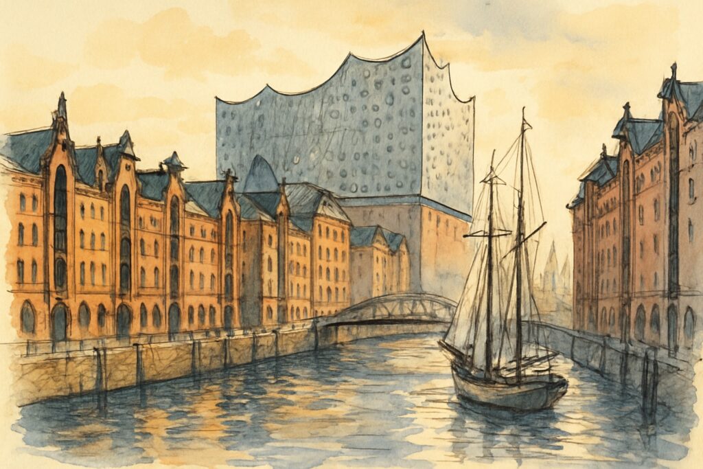Illustration der Speicherstadt und Elbphilharmonie im Hamburger Hafen, Hamburg