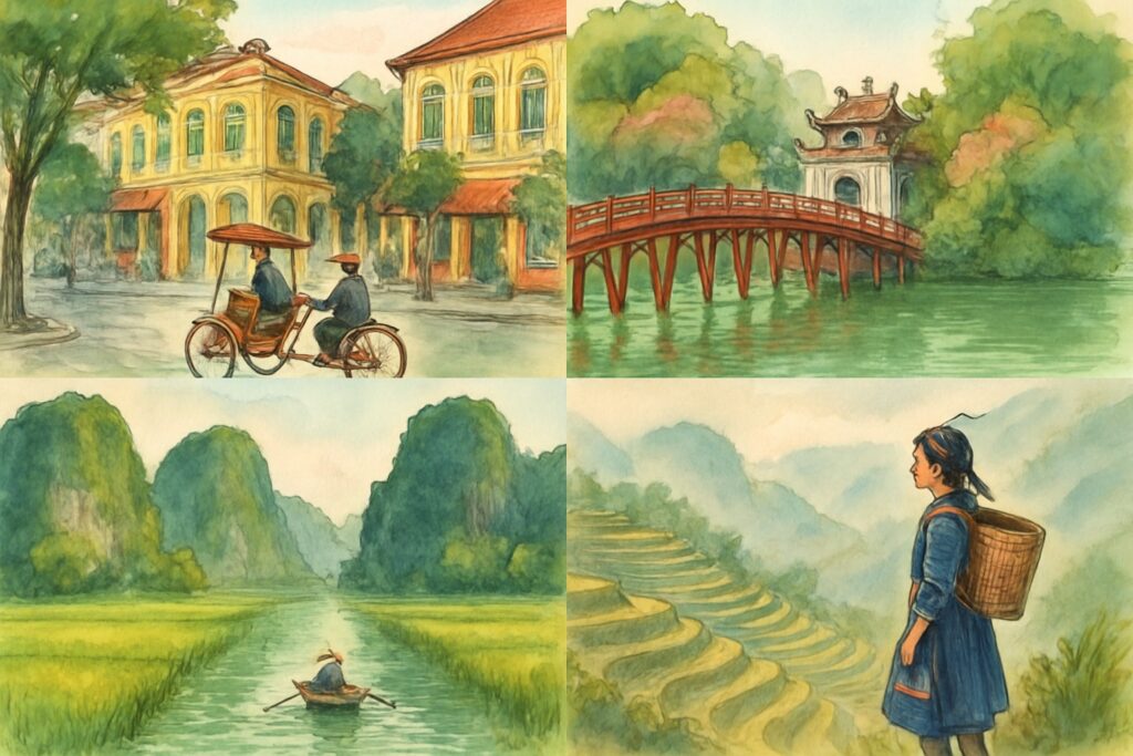 Illustration von Nordvietnam mit der rot lackierten Brücke zum Ngoc-Son-Tempel am Hoan-Kiem-See in Hanois Altstadt, den Karstfelsen von Ninh Binh über grünen Reisfeldern mit einem Sampan-Boot und den Reisterrassen von Sapa mit einer Hmong-Frau in Indigo, Vietnam
