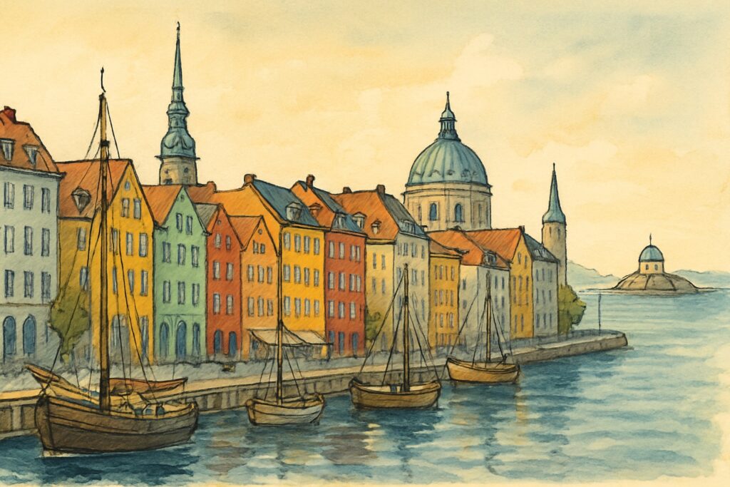 Illustration von Kopenhagen mit den bunten Giebelhäusern am Nyhavn, einer kupfergrünen Schlossturmspitze und der Ostseeinsel Bornholm mit Rundkirche