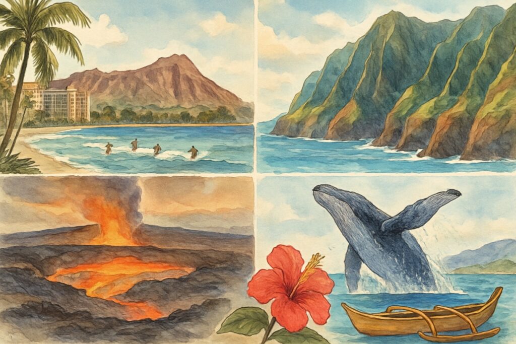Illustration von Hawaii mit dem Waikiki Beach in Honolulu und dem Vulkankrater Diamond Head, den grünen Nāpali-Steilklippen von Kauaʻi über türkisem Meer, einem Lavastrom am Vulkan Kīlauea auf Big Island, einem springenden Buckelwal vor Maui, einer Hibiskusblüte und einem Auslegerkanu, USA
