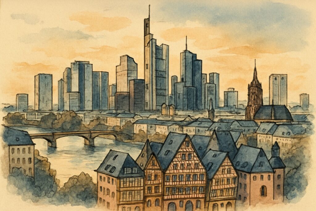 Illustration der Frankfurter Skyline am Main mit dem Römer, Hessen