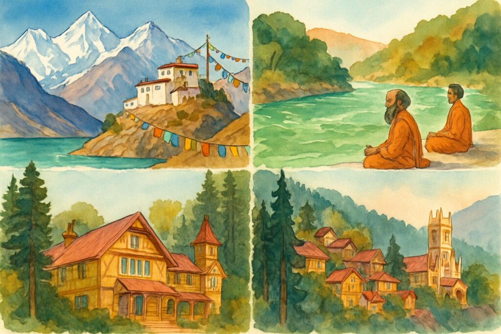 Illustration des indischen Himalaya mit einem buddhistischen Kloster mit Gebetsfahnen in Ladakh über einem türkisen See, Yogis am Ganges in Rishikesh und dem Bergort Shimla in Pinienwäldern, Indien