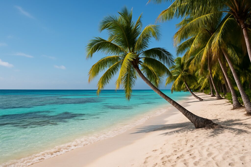 Ein von Palmen gesäumter weißer Sandstrand auf der Insel Roatán in Honduras, klares türkisfarbenes Karibikwasser über dem Korallenriff