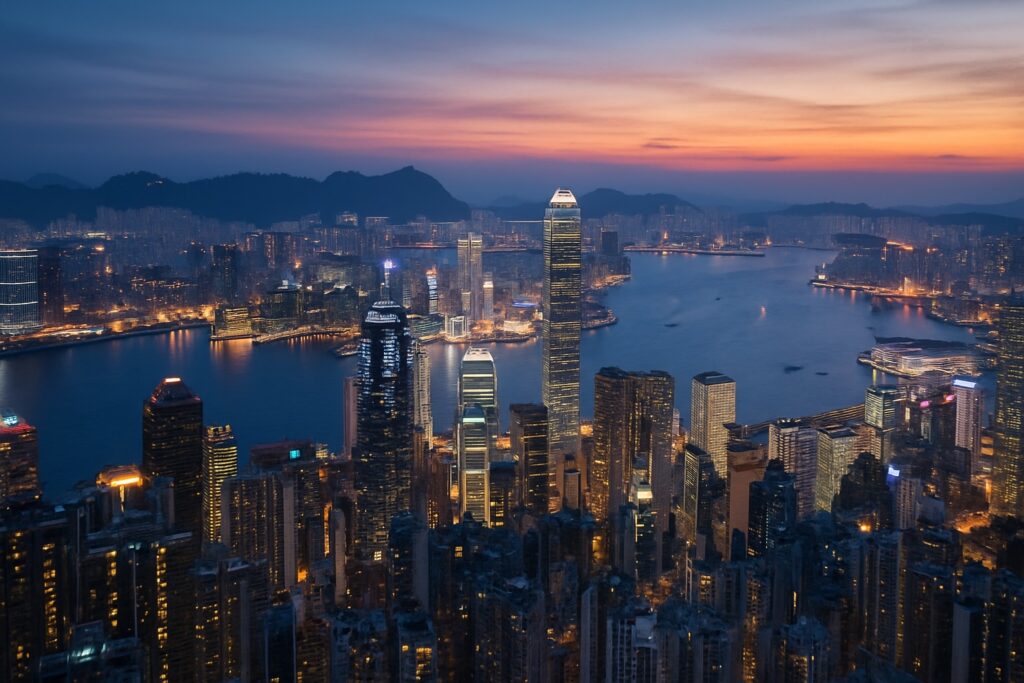 Die Skyline von Hongkong am Victoria Harbour, vom Victoria Peak zur blauen Stunde gesehen, dicht gedrängte beleuchtete Wolkenkratzer und Kowloon jenseits des Wassers